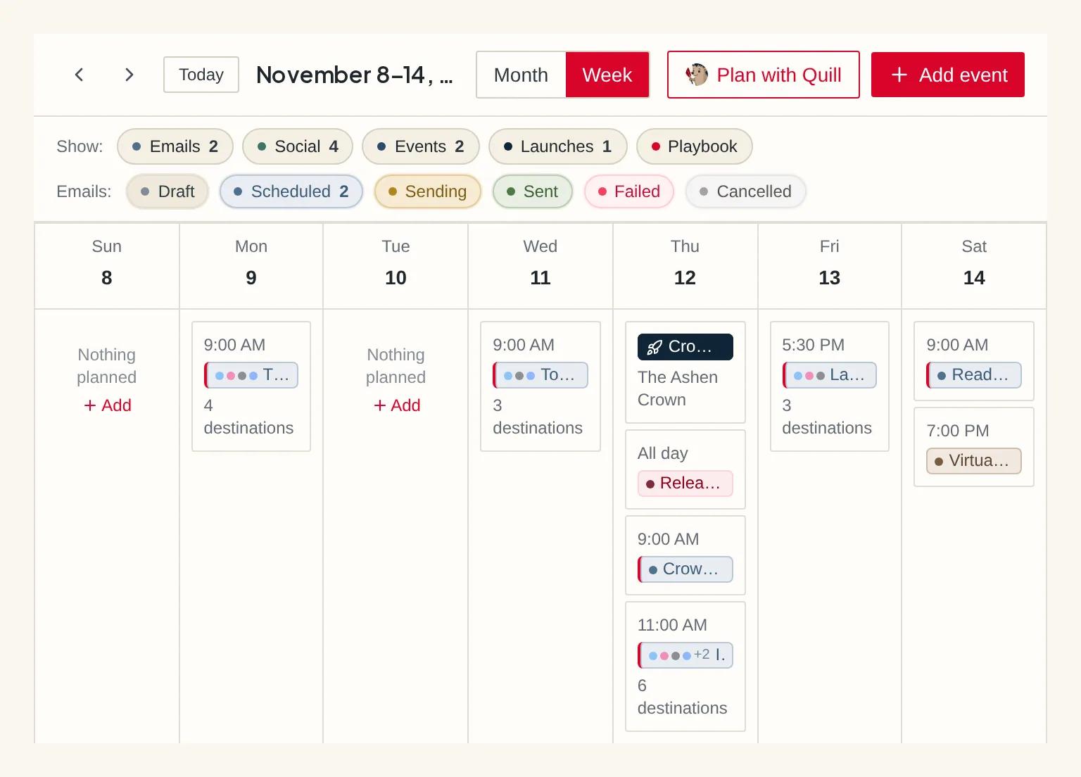 The calendar in week view across launch week: the pre-order email, three posts, the launch email and the thank-you post, each on its day
