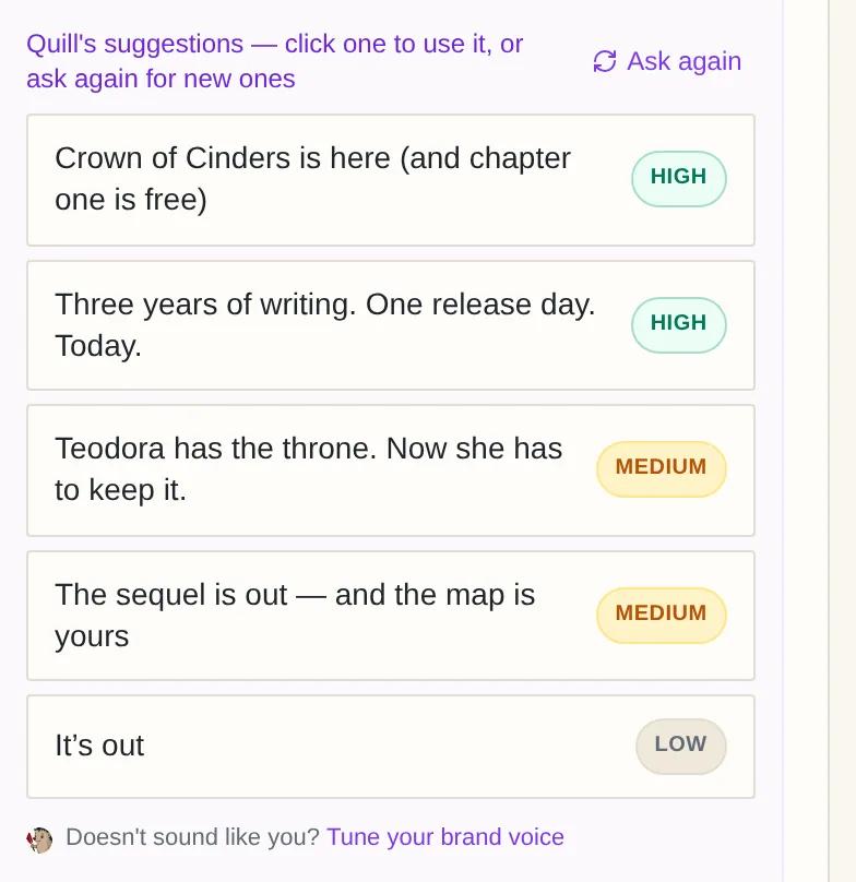 Quill’s five subject-line suggestions for a launch email, each rated high, medium or low for engagement