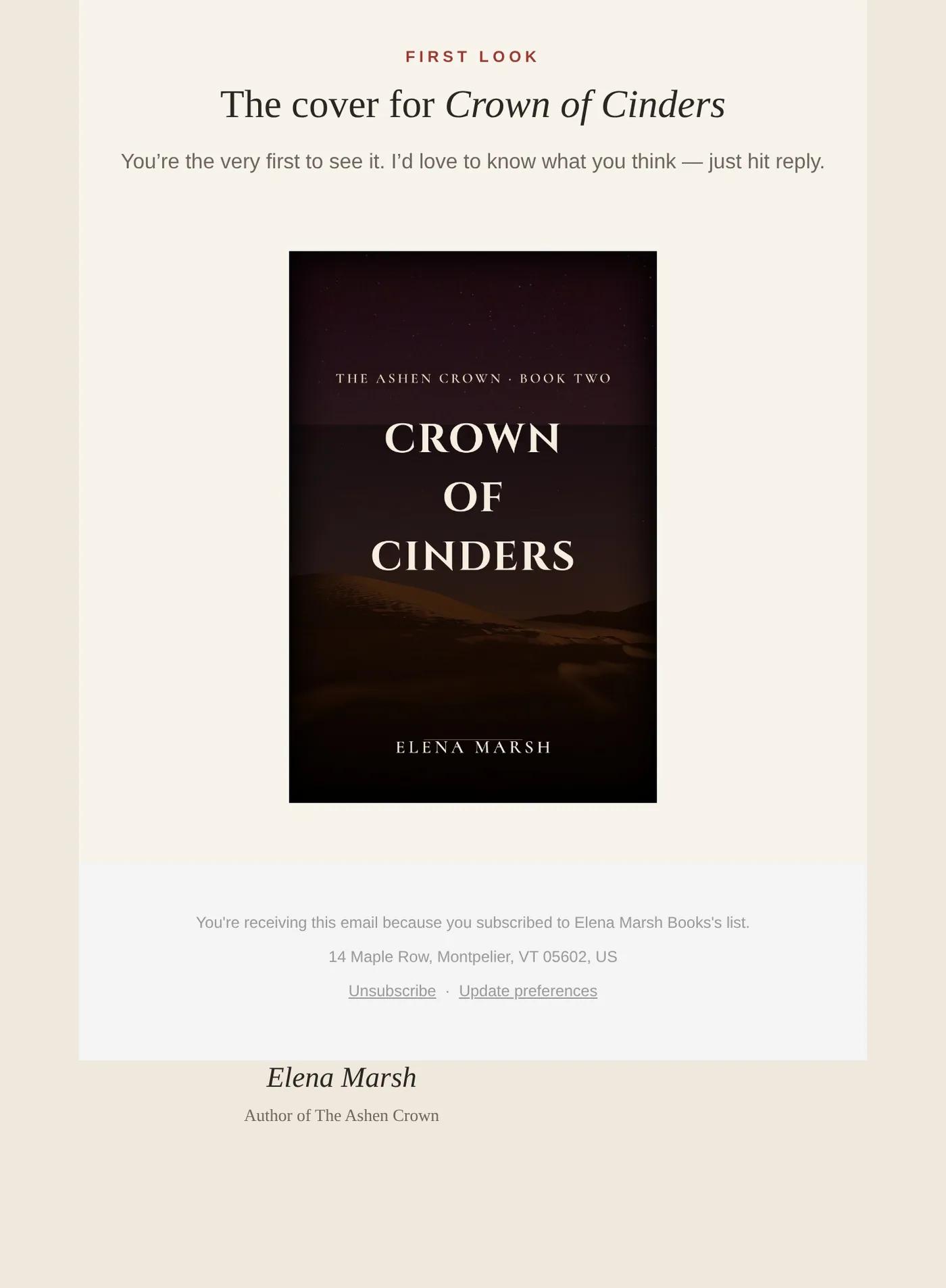 A cover-reveal email as a reader opened it on a laptop: the cover, two short paragraphs and a pre-order button