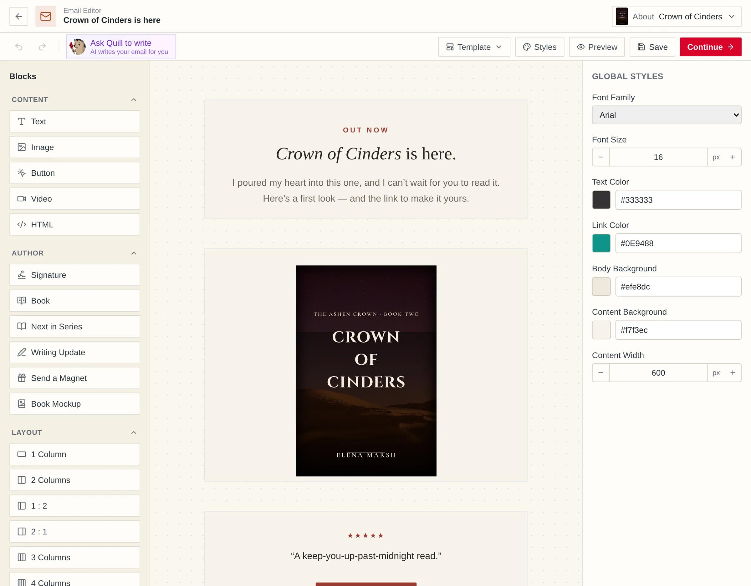 The email editor with a launch announcement on the canvas: block palette on the left, the book cover and a “Get your copy” button in the email, block settings on the right