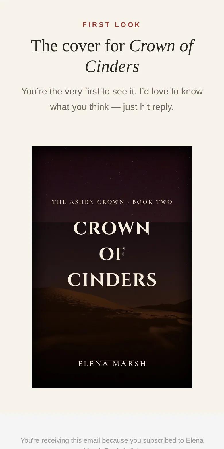The same cover-reveal email as a reader opened it on a phone