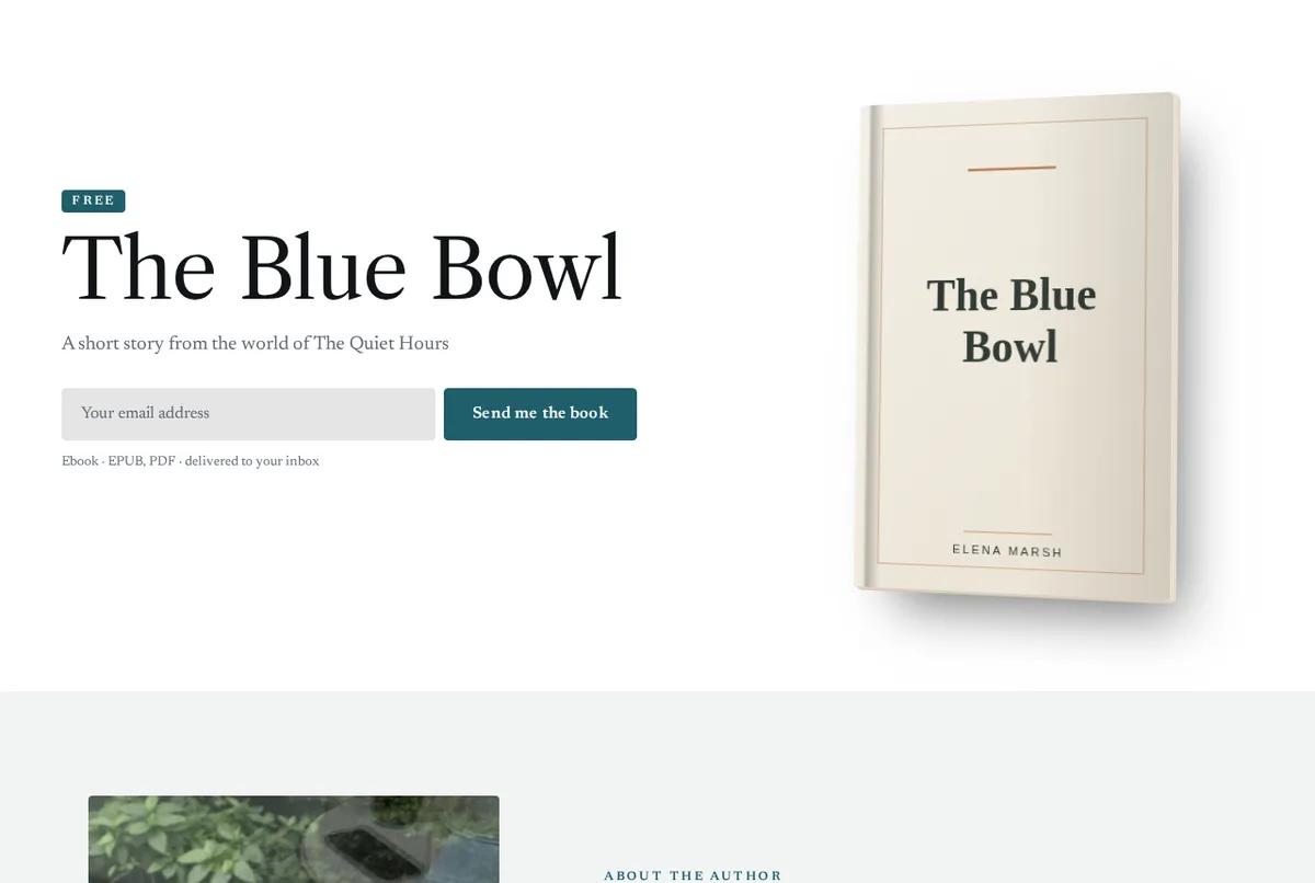 A “Free book” landing page as AuthorSend builds it, shown for a sample author