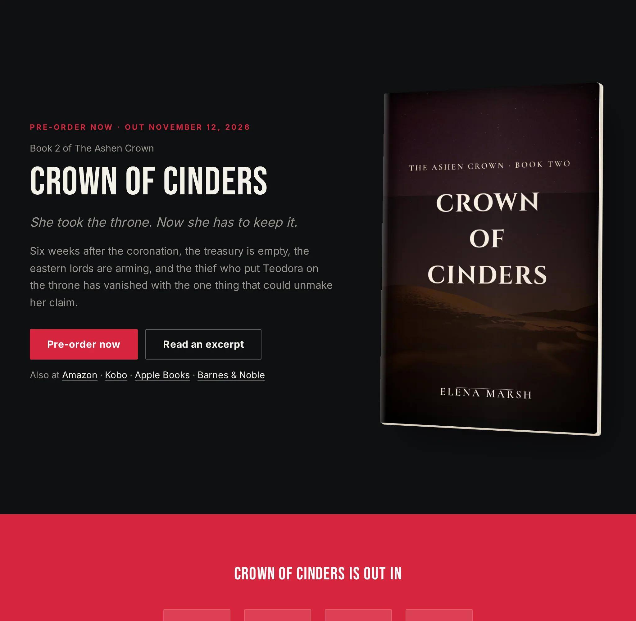 A published pre-order page as a reader sees it: the cover, the release date, a button for every store and a signup for the free chapters