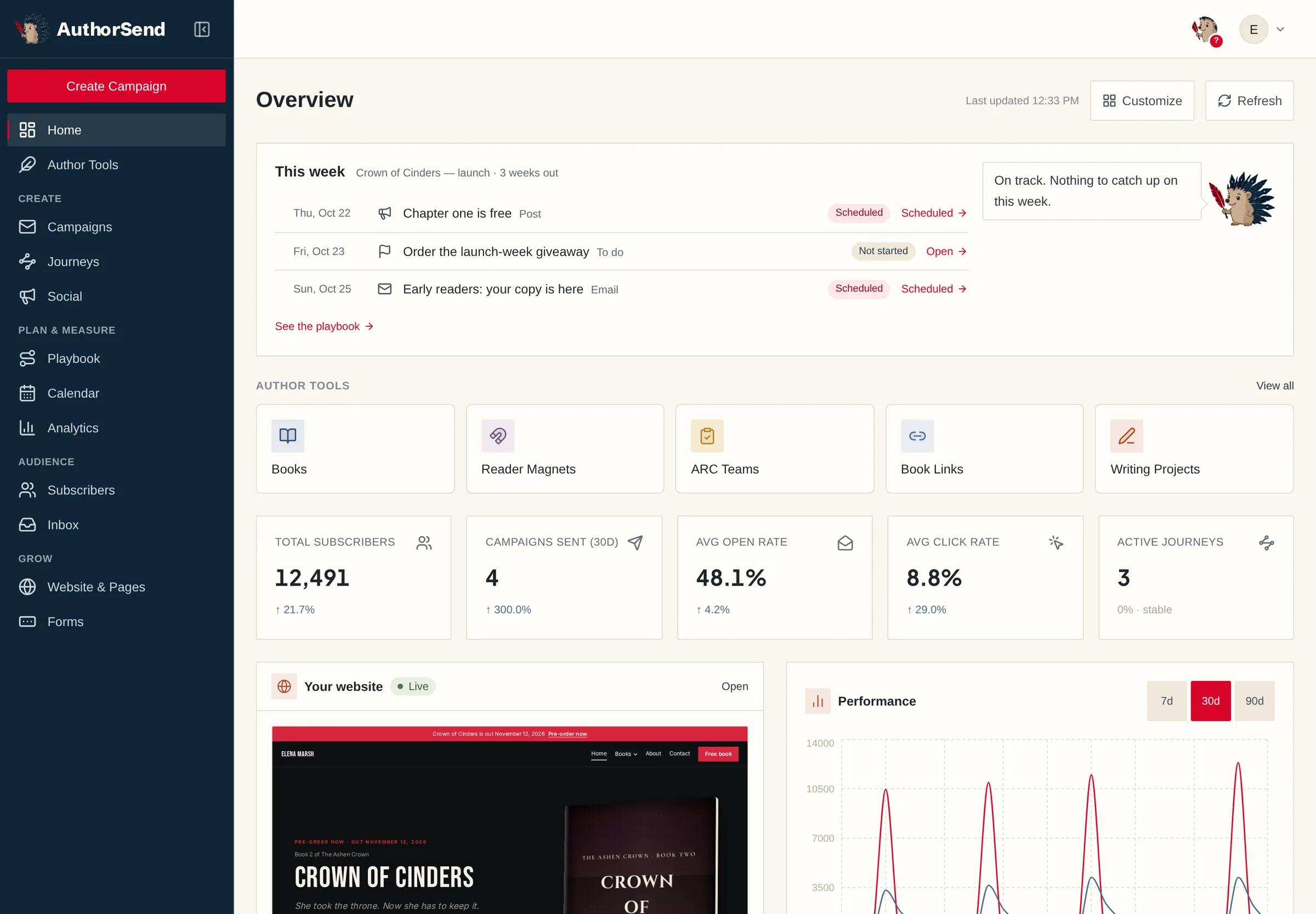 The AuthorSend home screen: this week’s launch steps, key figures for 12,491 readers, the website’s visitors and sign-ups, and a 30-day chart of sends, opens and clicks