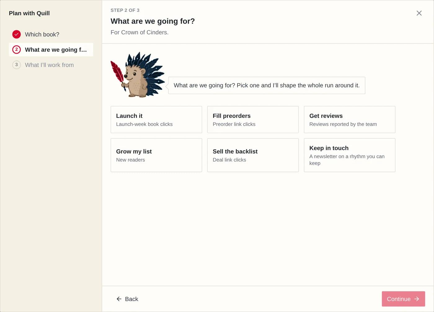 The new-playbook wizard on its second step: six goals to choose from — launch it, fill preorders, get reviews, grow my list, sell the backlist, keep in touch
