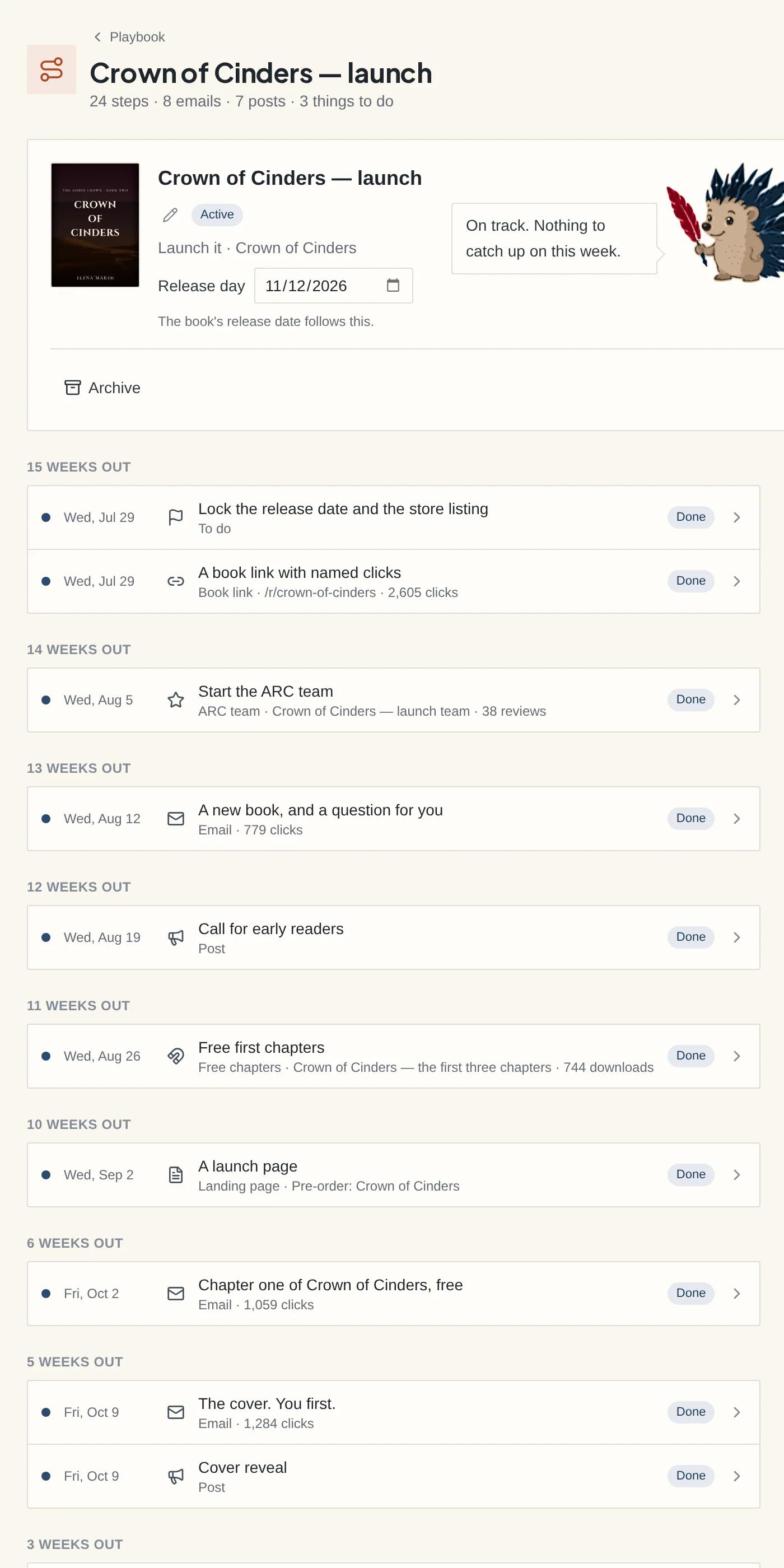 A launch playbook for a book: Quill’s summary, then dated steps grouped by week — emails, posts, the ARC team, a landing page and to-dos — each marked done, scheduled or drafted