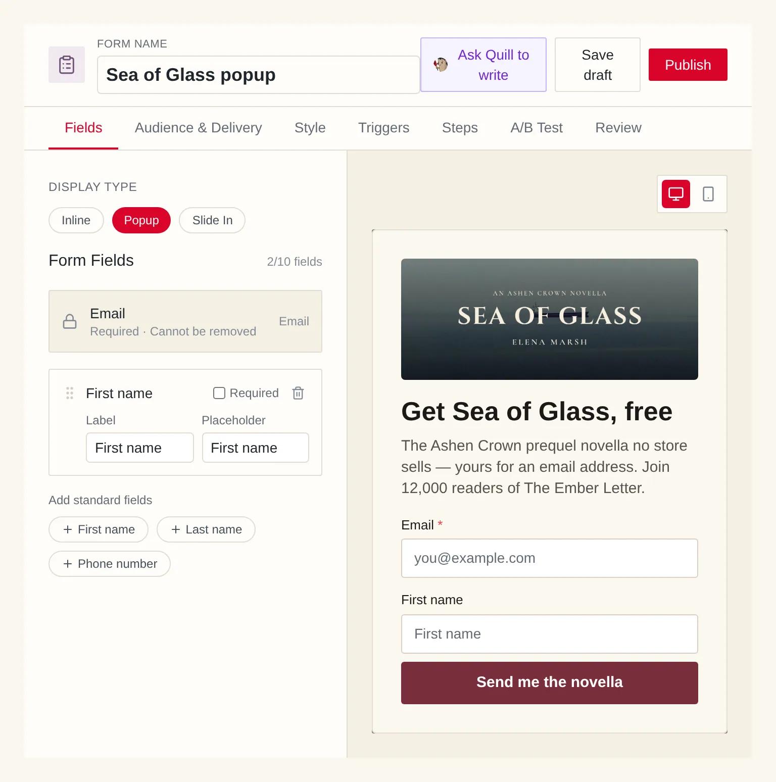 The form builder with a popup for a free novella: fields on the left, the popup previewed on the right with the cover, a headline and a “Send me the novella” button