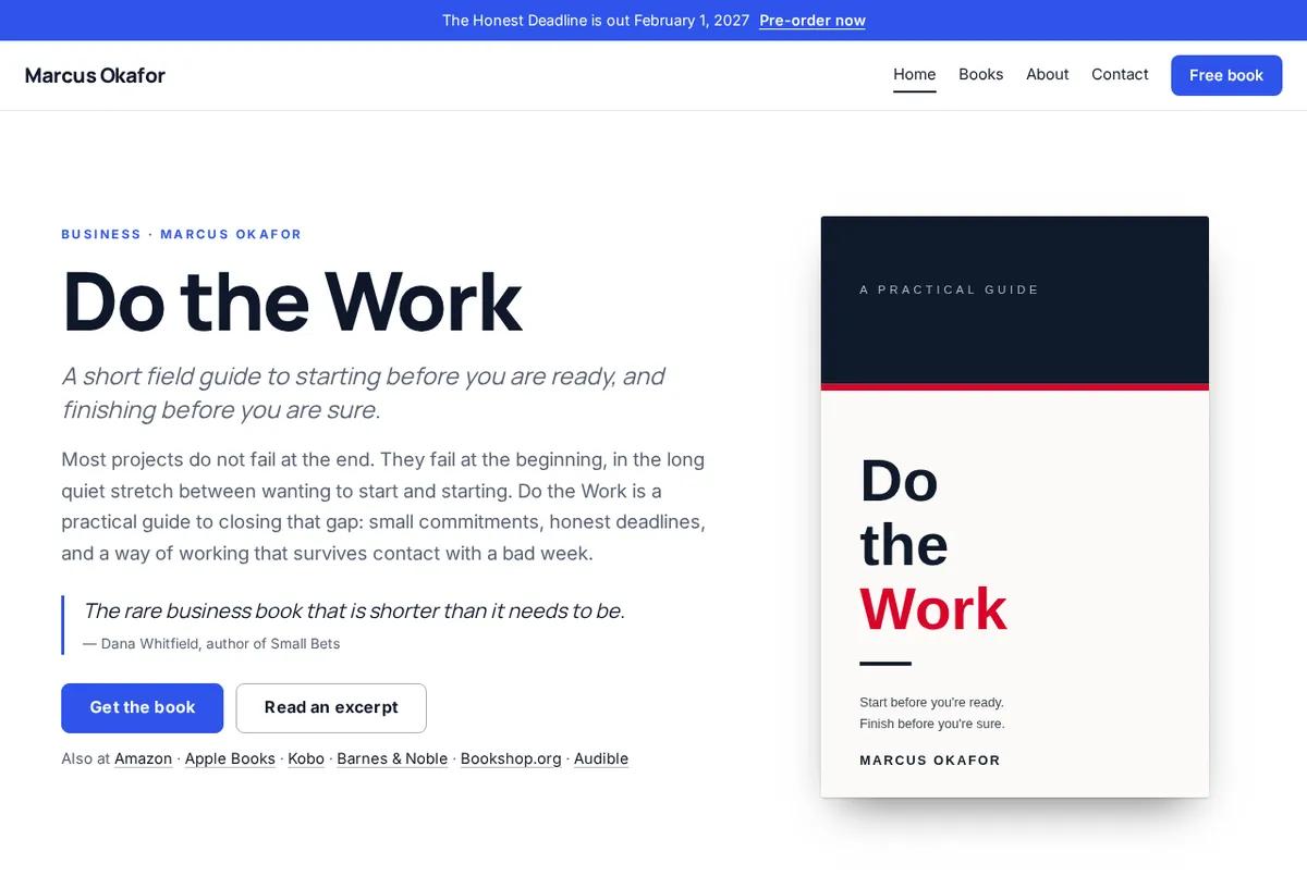 The Ledger website design, shown as a finished home page for a sample author