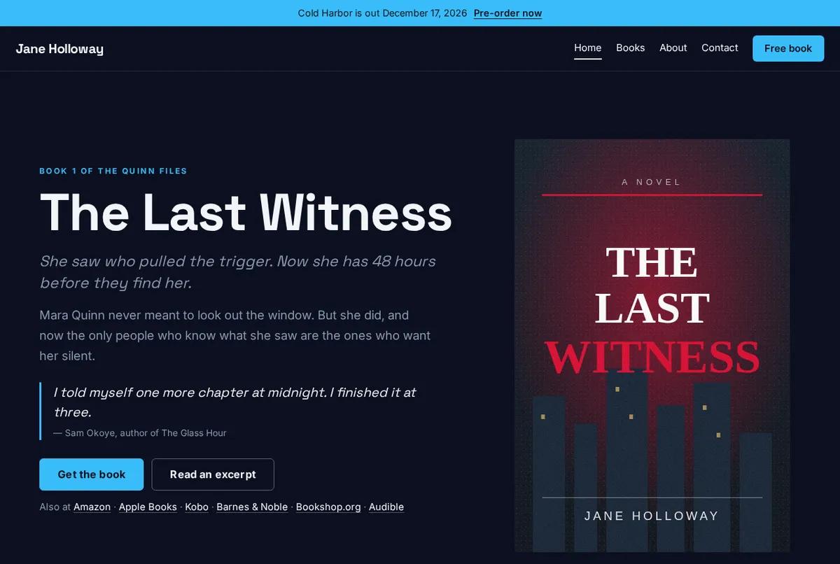 The Starfield website design, shown as a finished home page for a sample author