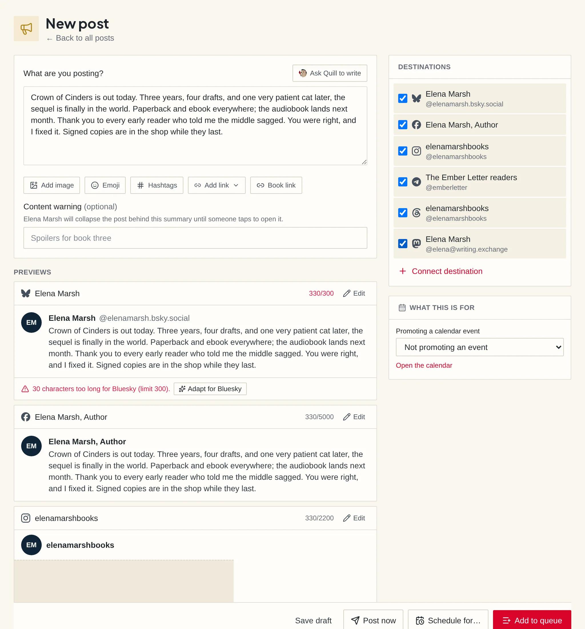 The social composer with a launch-day post written once and six destinations checked, each with its own character counter against its own limit