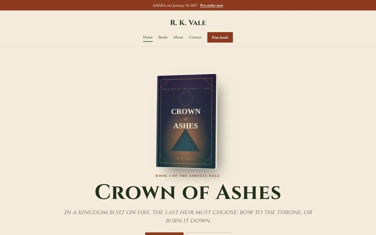A parchment-toned author website with a centered fantasy cover and a large small-caps title