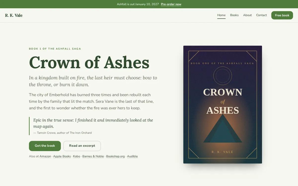 A soft green author website with a serif title and a fantasy novel’s cover