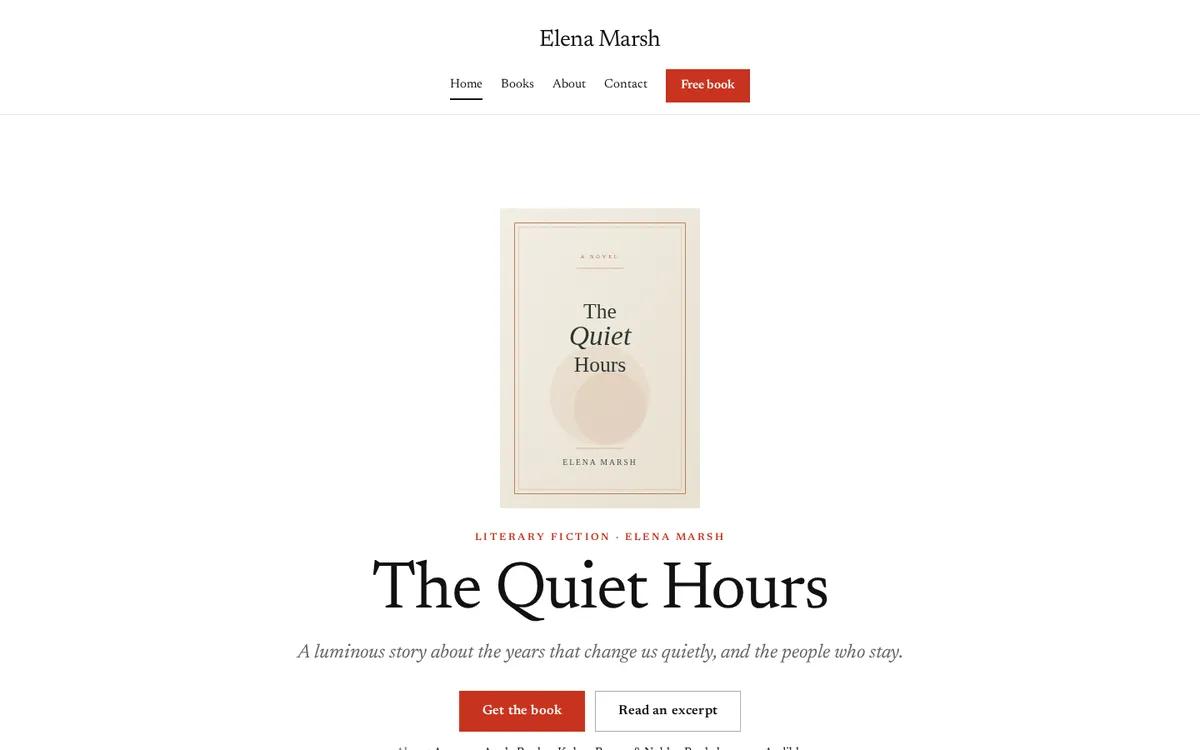 A minimal white author website with a small cover centered above a large serif title
