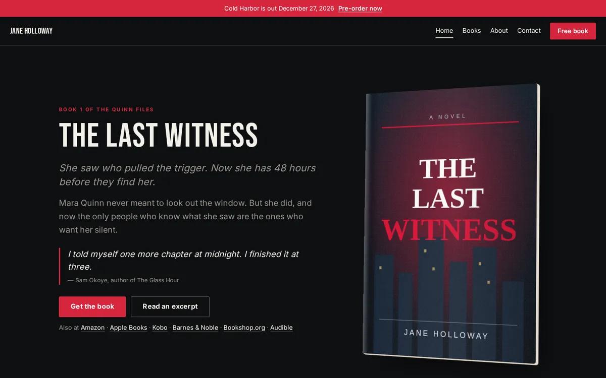 A dark author website with a red pre-order banner, a condensed white title and a city-at-night book cover