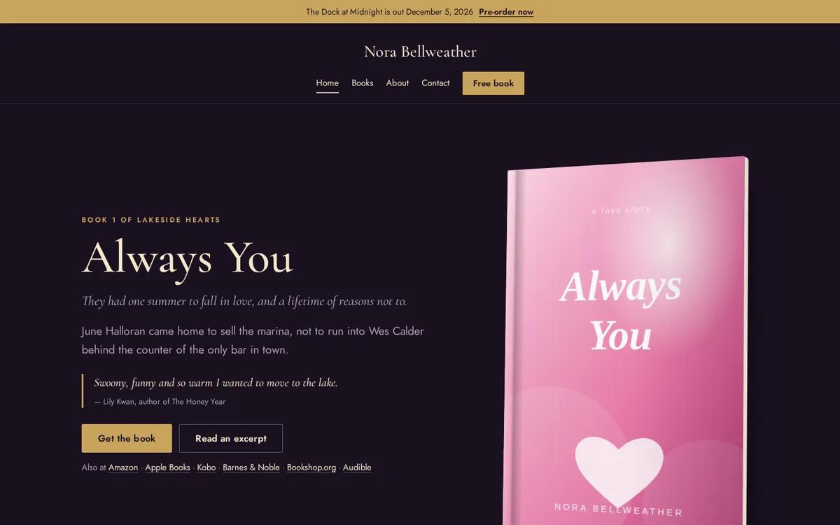 A deep plum author website with gold accents and an elegant serif title