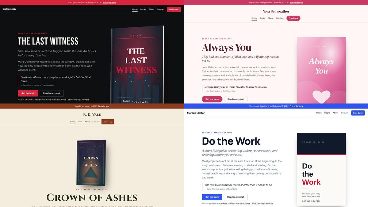 Four author website home pages side by side: a dark thriller, a pink romance, an epic fantasy and a clean nonfiction design