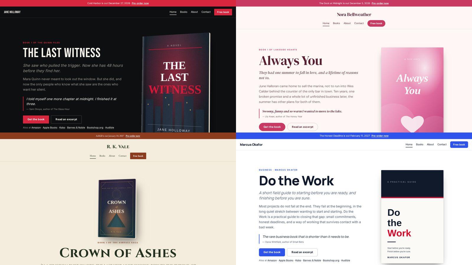Four author website home pages side by side: a dark thriller, a pink romance, an epic fantasy and a clean nonfiction design