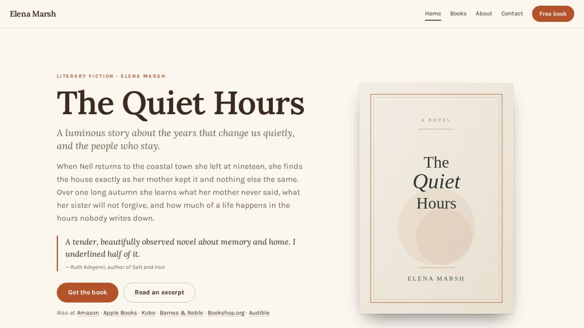 An author website home page for a literary novel, with its cover, its blurb, a line of praise and buttons to get the book