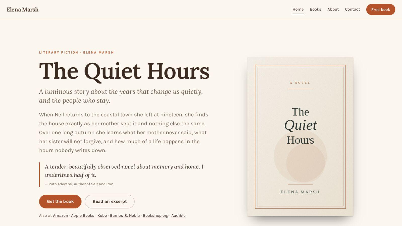 An author website home page for a literary novel, with its cover, its blurb, a line of praise and buttons to get the book