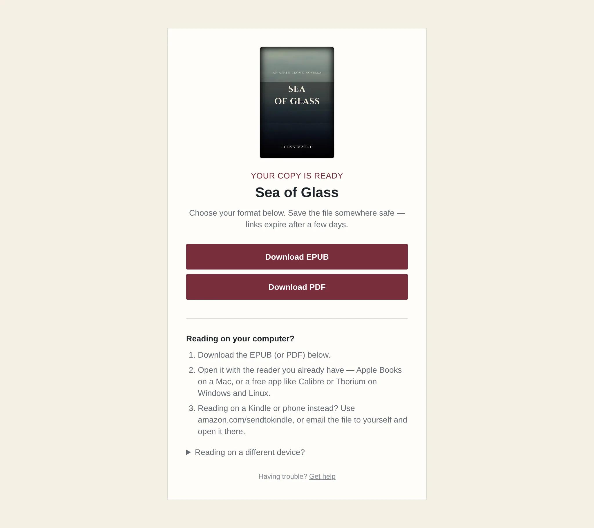 A reader’s delivery page for a free novella: the cover, download buttons for EPUB and PDF, and a send-to-Kindle option