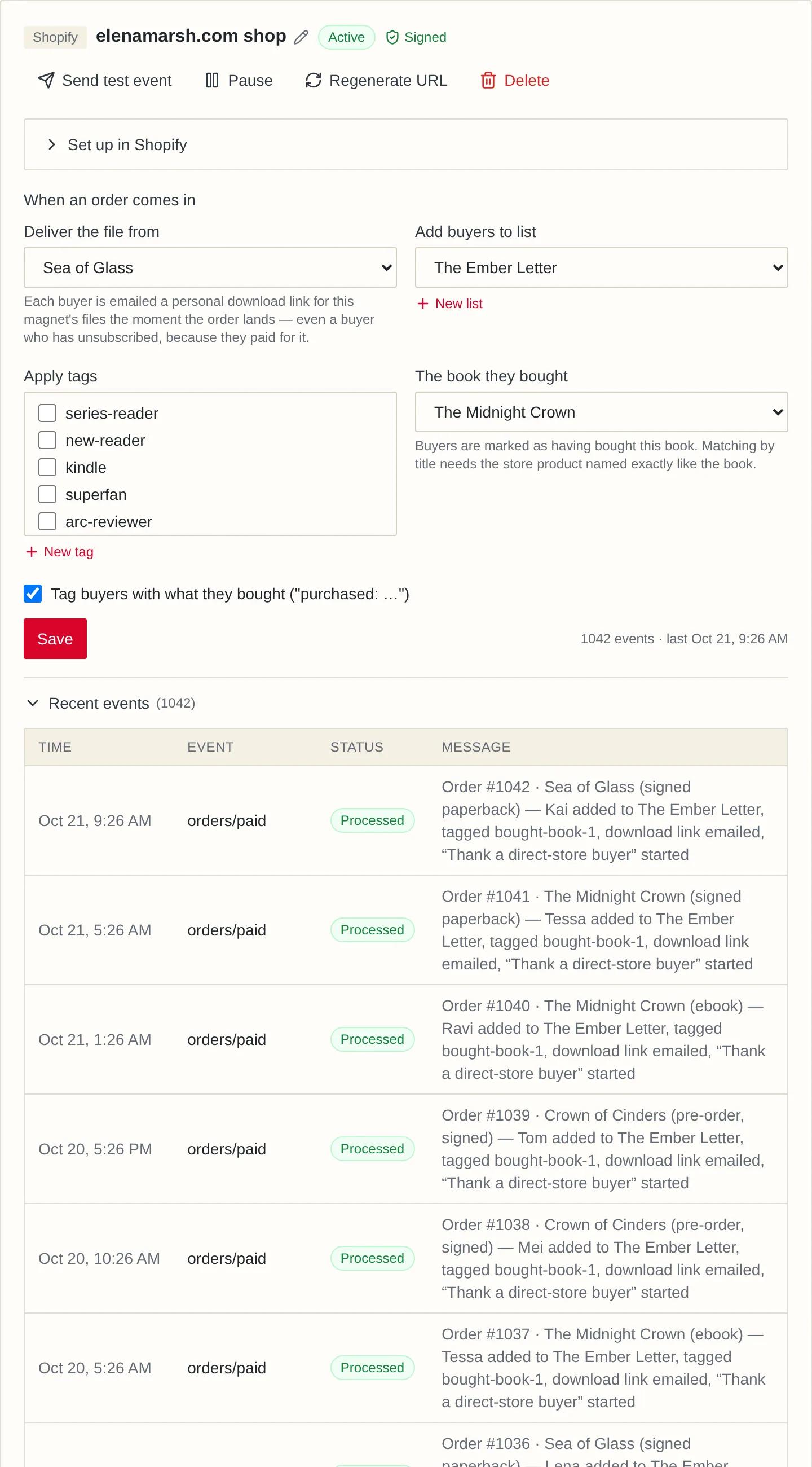 A connected Shopify store with recent orders flowing in, each matched to the reader who bought and tagged with the book